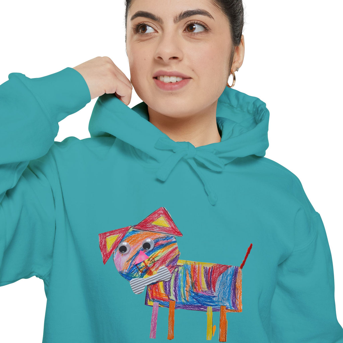 Custom hoodie from a child's artwork, worn view