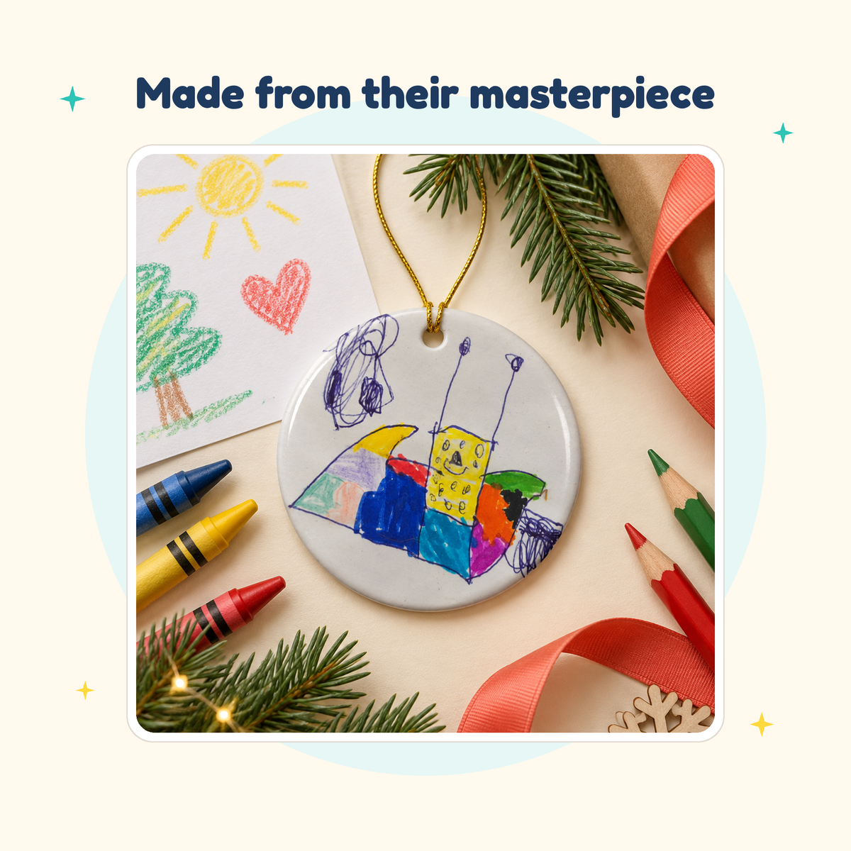 Ceramic ornament printed with a child's colorful drawing, with crayons, pine and a coral ribbon