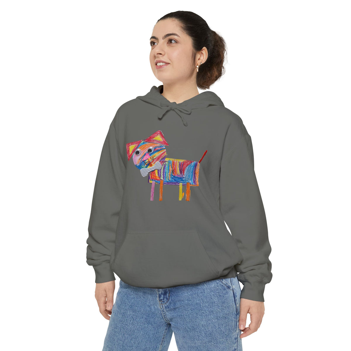 Close-up of a child's drawing printed on a hoodie